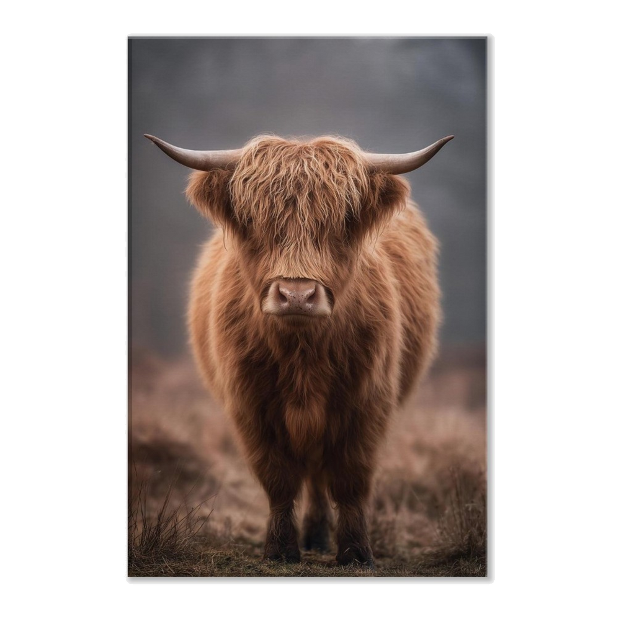 A Highland cow standing square in cold winter mist, its long fringe hanging over both eyes, printed on stretched canvas