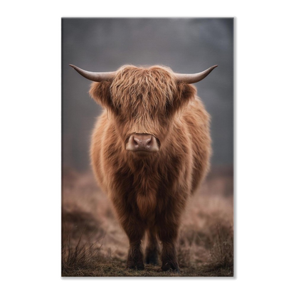 A Highland cow standing square in cold winter mist, its long fringe hanging over both eyes, printed on stretched canvas