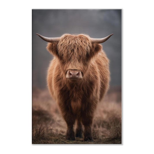 A Highland cow standing square in cold winter mist, its long fringe hanging over both eyes, printed on stretched canvas
