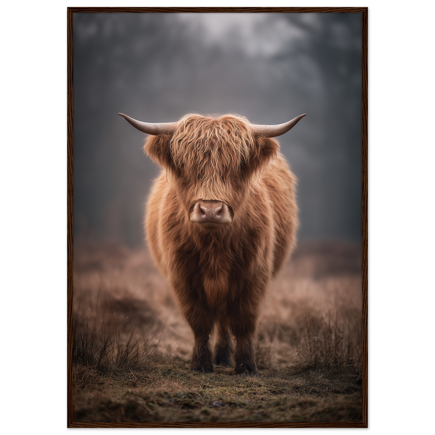 Highland cow in winter mist, print in a dark brown wood frame