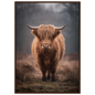 Highland cow in winter mist, print in a dark brown wood frame