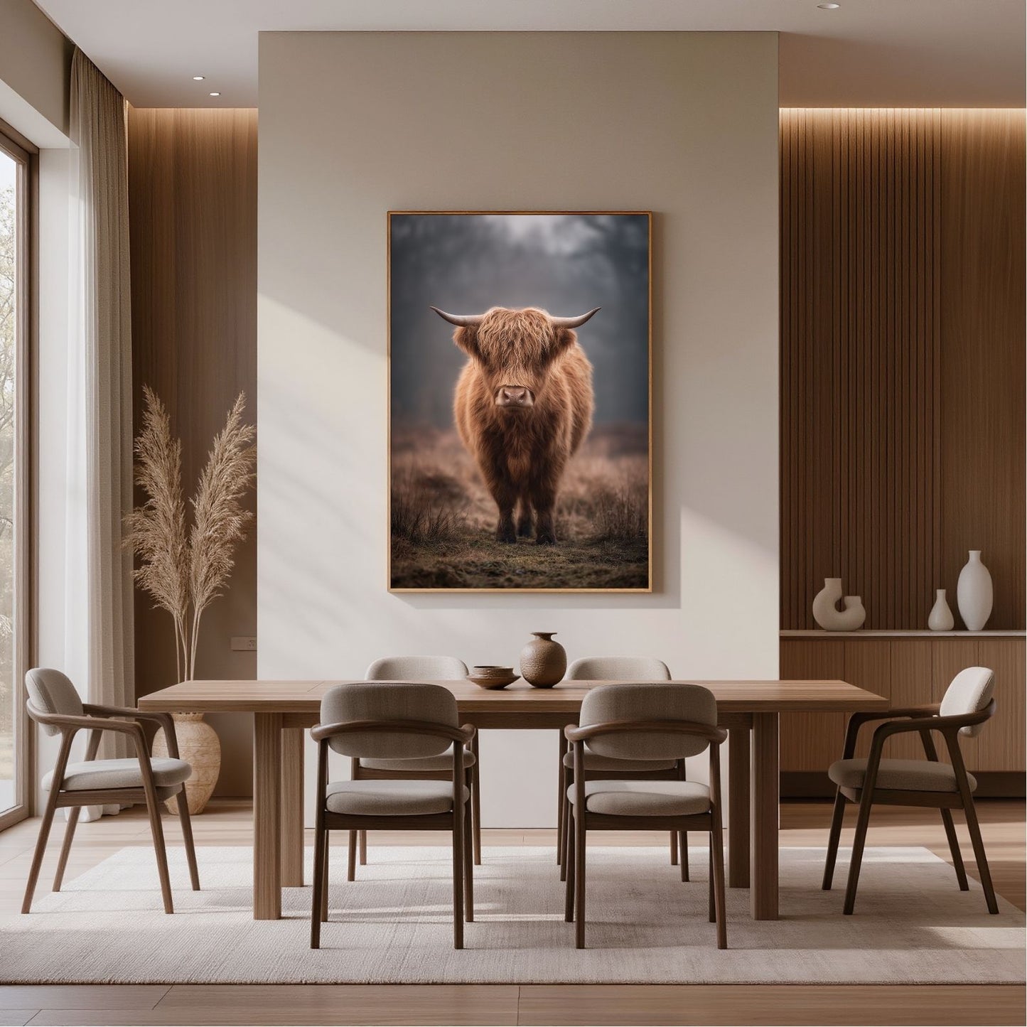 Highland cow in winter mist, framed in light wood above a dining table in a warm neutral dining room