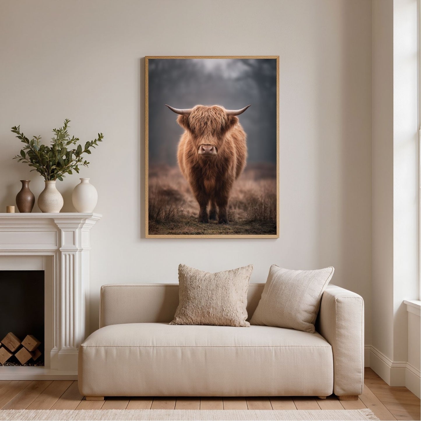 Highland cow in winter mist, framed in light wood above a cream sofa beside a white fireplace