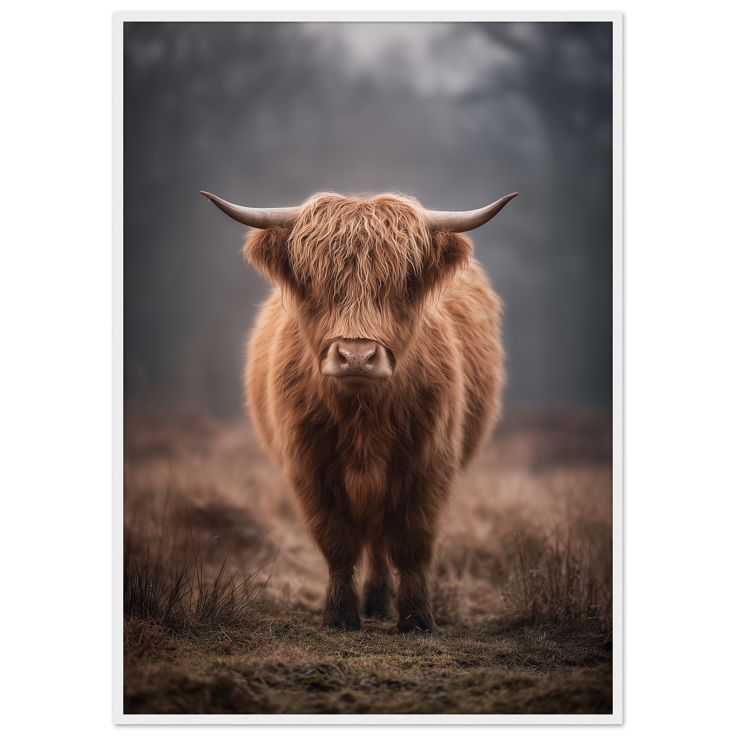 Highland cow in winter mist, print in a white frame