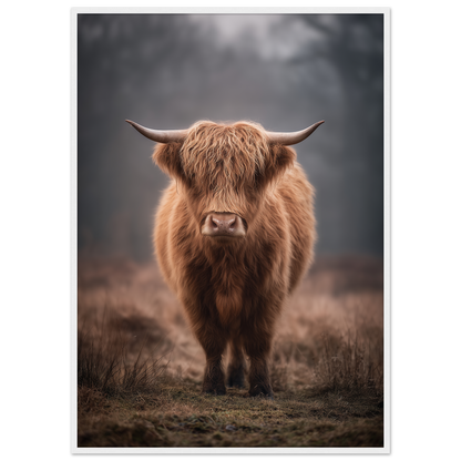 Highland cow in winter mist, print in a white frame