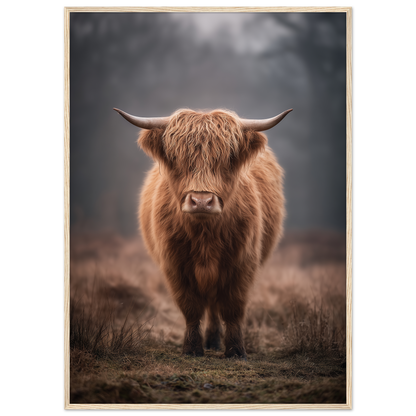 Highland cow in winter mist, print in a natural light wood frame