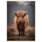 Highland cow in winter mist, print in a natural light wood frame