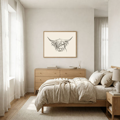 Minimal line drawing of a Highland cow, in a light wood frame above a chest of drawers in a pale neutral bedroom