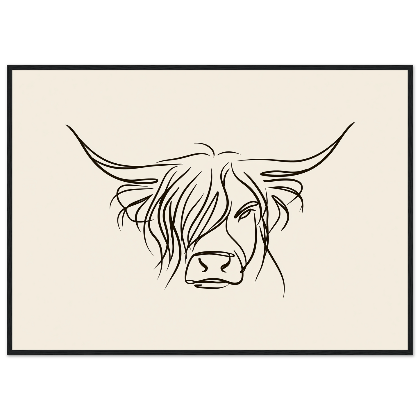 Minimal line drawing of a Highland cow on oatmeal, print in a black frame