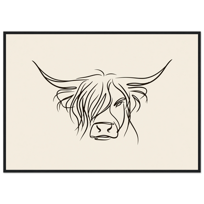 Minimal line drawing of a Highland cow on oatmeal, print in a black frame
