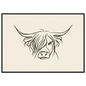 Minimal line drawing of a Highland cow on oatmeal, print in a black frame