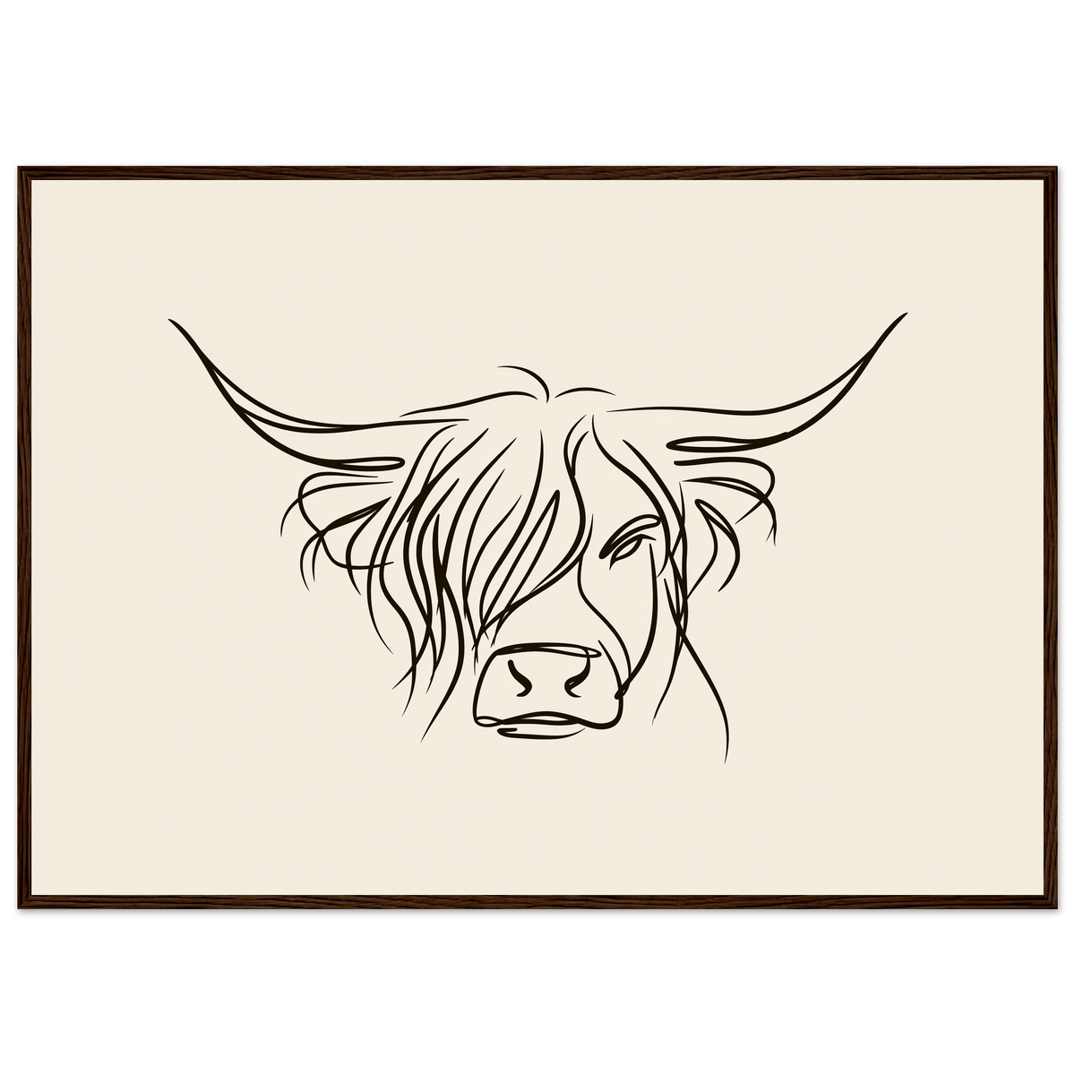 Minimal line drawing of a Highland cow on oatmeal, print in a dark wood frame
