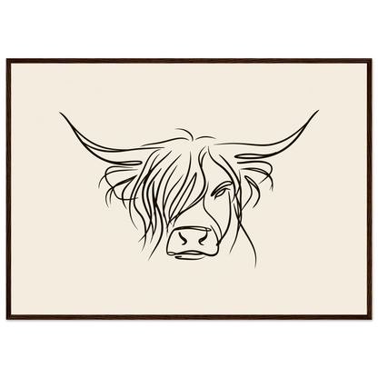 Minimal line drawing of a Highland cow on oatmeal, print in a dark wood frame