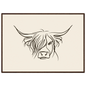 Minimal line drawing of a Highland cow on oatmeal, print in a dark wood frame