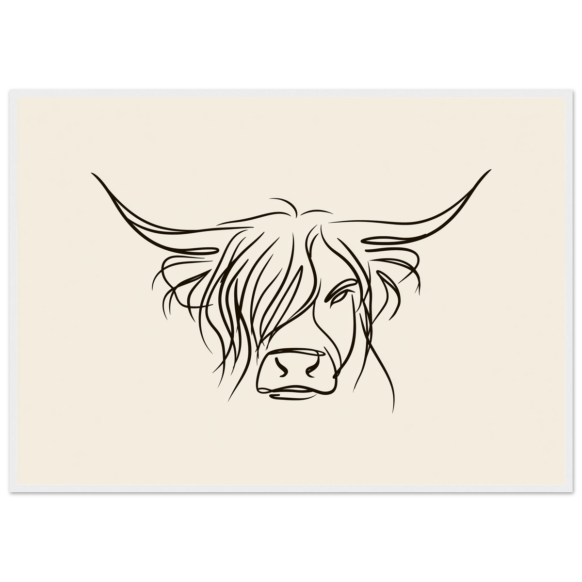 Minimal line drawing of a Highland cow on oatmeal, print in a white frame