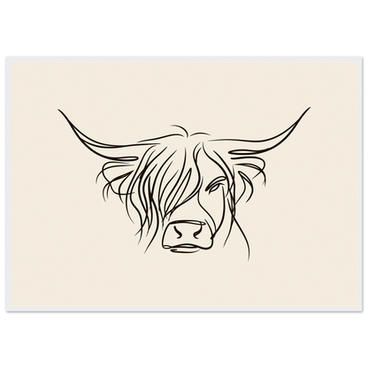 Minimal line drawing of a Highland cow on oatmeal, print in a white frame