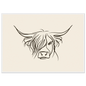 Minimal line drawing of a Highland cow on oatmeal, print in a white frame