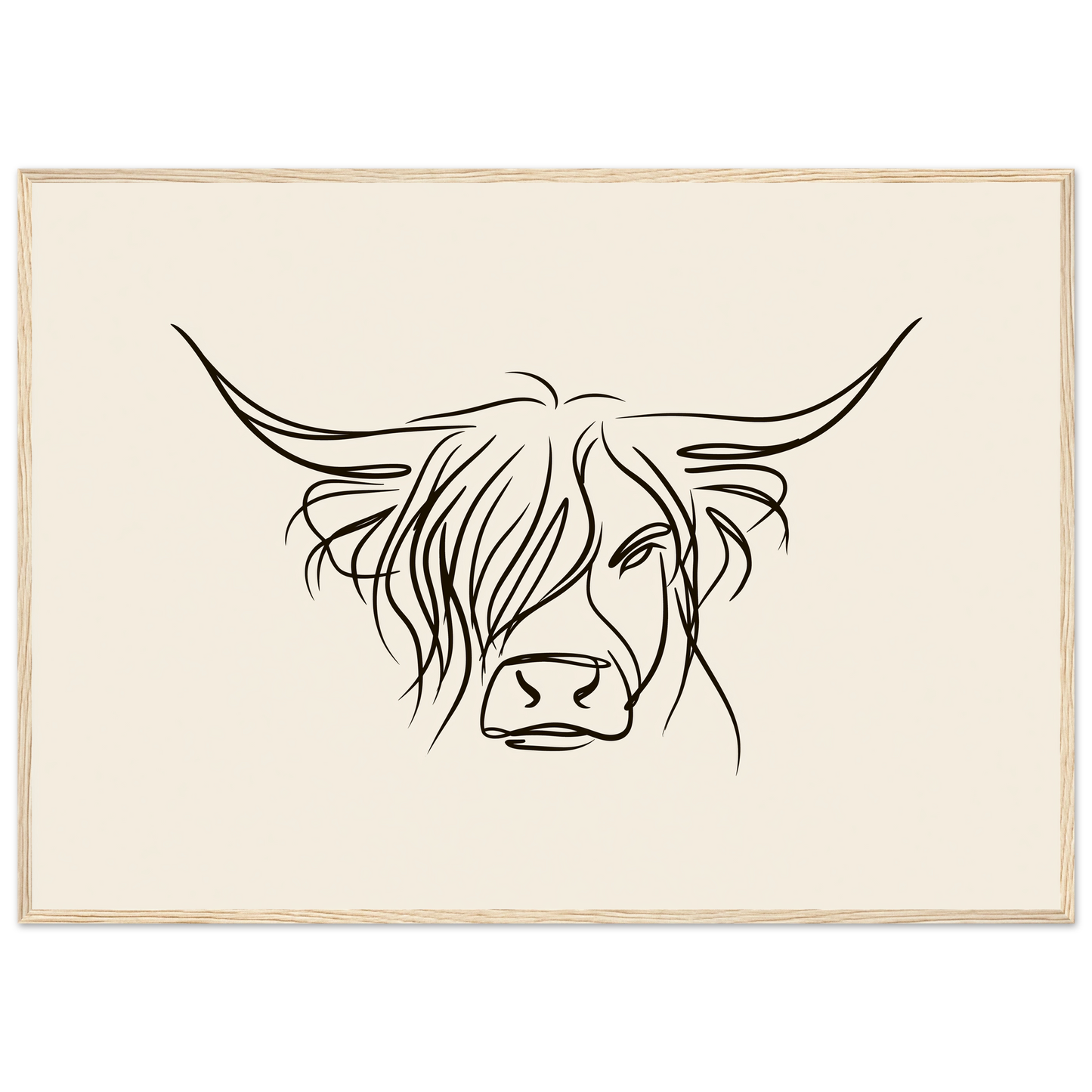 Minimal line drawing of a Highland cow on oatmeal, print in a natural wood frame