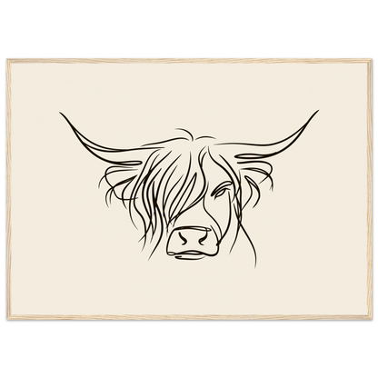 Minimal line drawing of a Highland cow on oatmeal, print in a natural wood frame