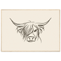 Minimal line drawing of a Highland cow on oatmeal, print in a natural wood frame