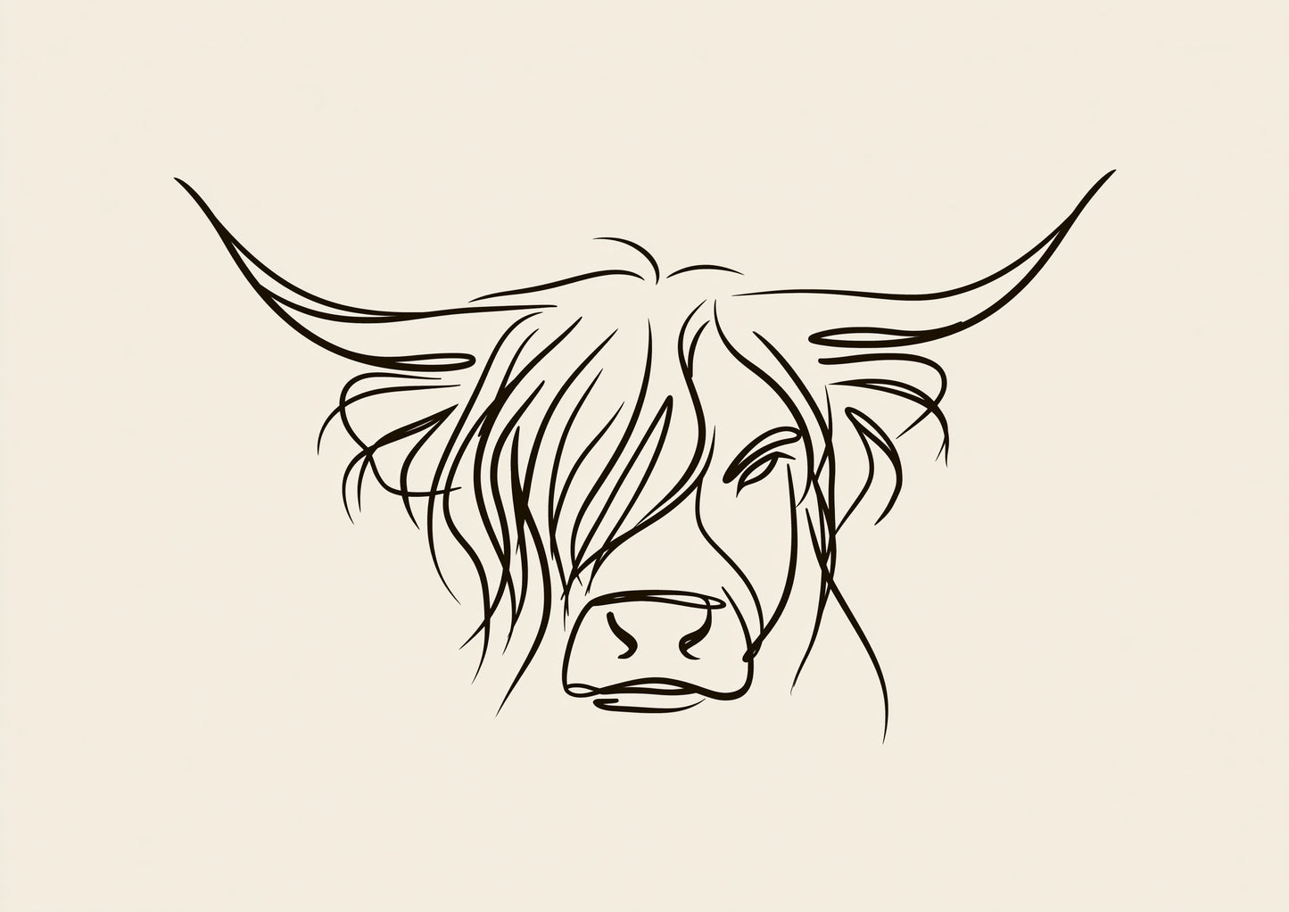 A minimal line drawing of a Highland cow's head with wide sweeping horns and a long fringe, in dark ink on a warm oatmeal ground