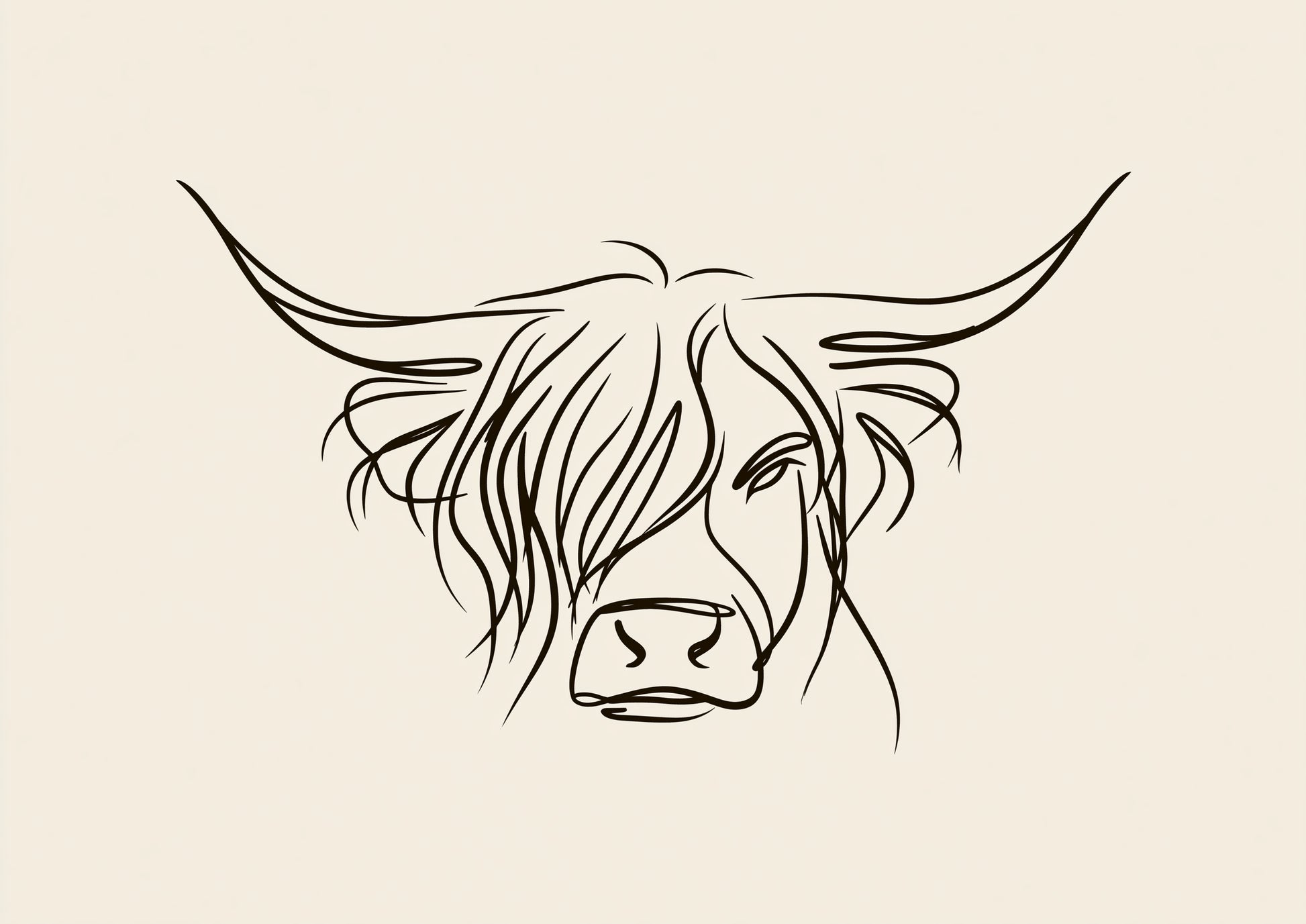 A minimal line drawing of a Highland cow's head with wide sweeping horns and a long fringe, in dark ink on a warm oatmeal ground
