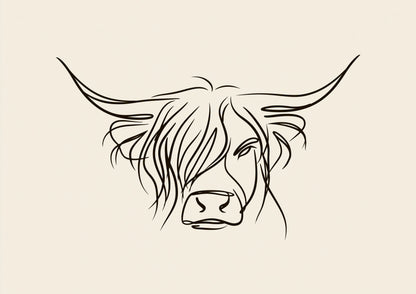 A minimal line drawing of a Highland cow's head with wide sweeping horns and a long fringe, in dark ink on a warm oatmeal ground