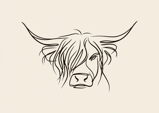 A minimal line drawing of a Highland cow's head with wide sweeping horns and a long fringe, in dark ink on a warm oatmeal ground