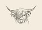 A minimal line drawing of a Highland cow's head with wide sweeping horns and a long fringe, in dark ink on a warm oatmeal ground