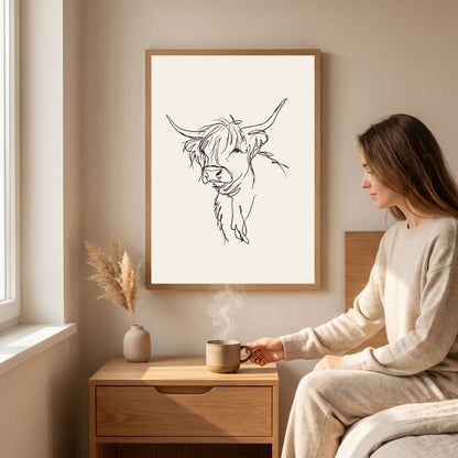 Loose line sketch of a Highland cow, in a light wood frame above a bedside table in a soft neutral bedroom