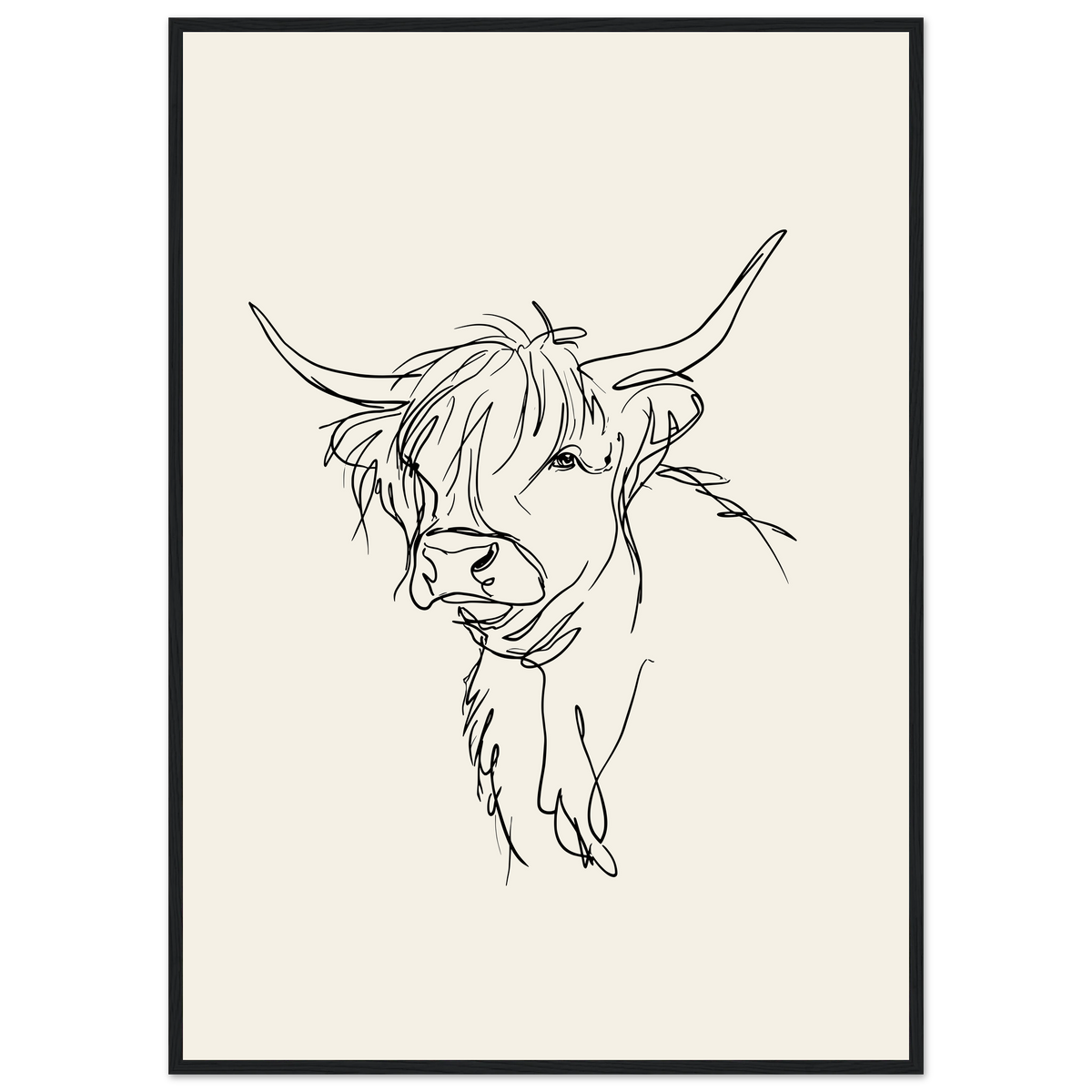 Loose line sketch of a Highland cow with head turned, print in a black frame