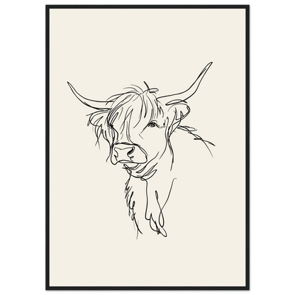 Loose line sketch of a Highland cow with head turned, print in a black frame
