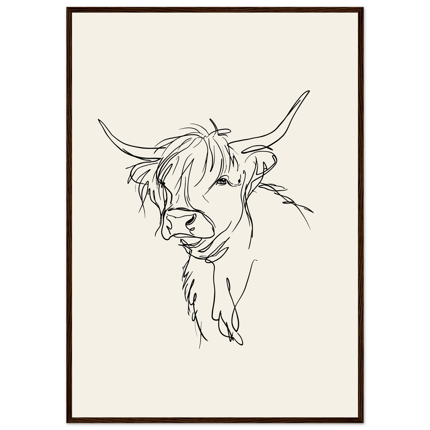 Loose line sketch of a Highland cow with head turned, print in a dark wood frame