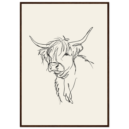 Loose line sketch of a Highland cow with head turned, print in a dark wood frame