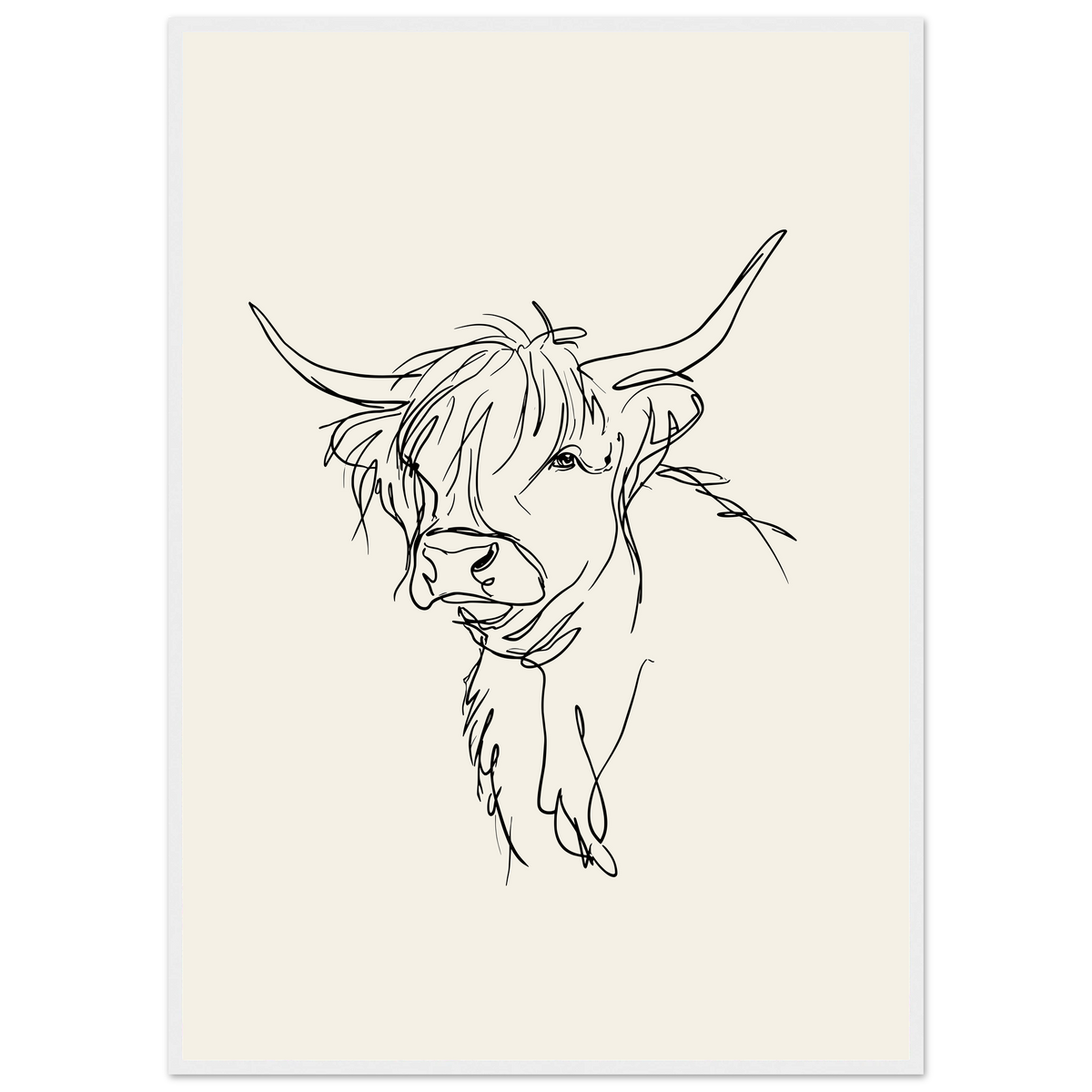 Loose line sketch of a Highland cow with head turned, print in a white frame