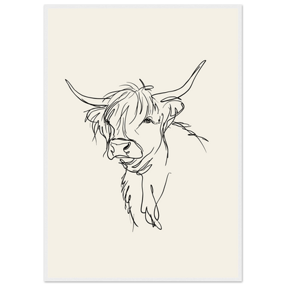 Loose line sketch of a Highland cow with head turned, print in a white frame