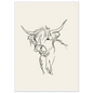 Loose line sketch of a Highland cow with head turned, print in a white frame