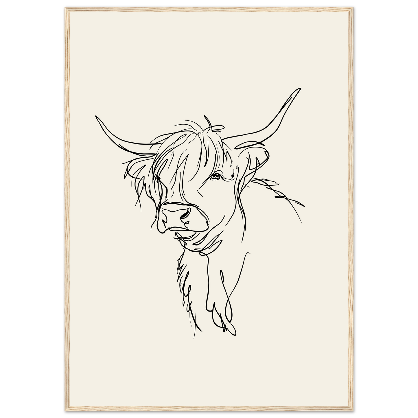 Loose line sketch of a Highland cow with head turned, print in a natural wood frame