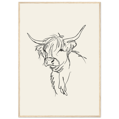Loose line sketch of a Highland cow with head turned, print in a natural wood frame