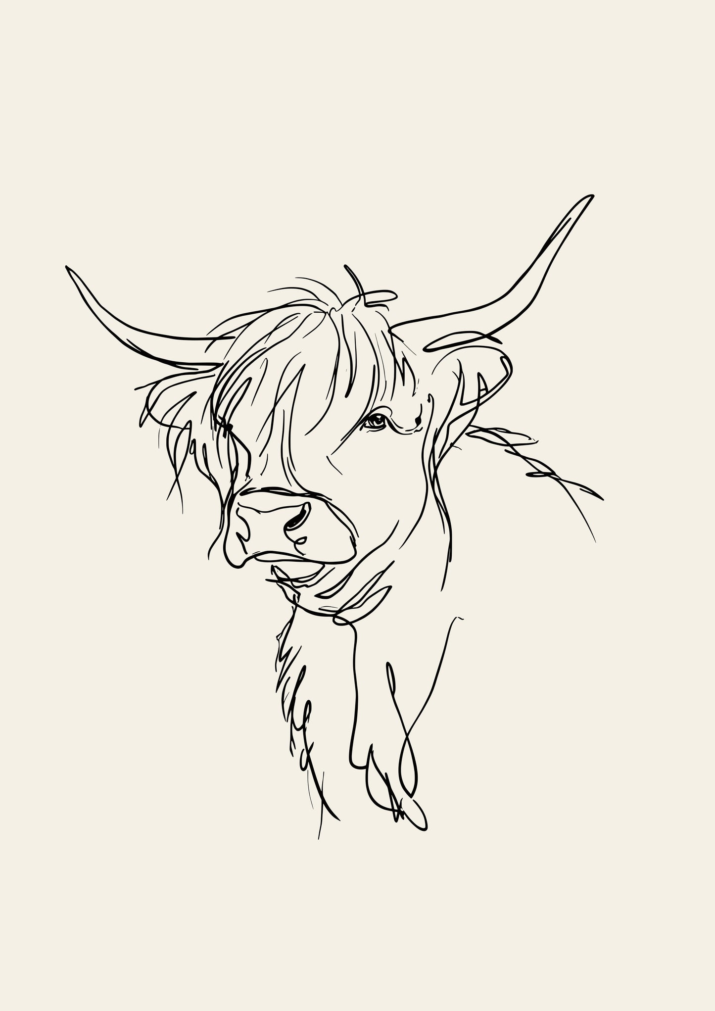 A loose line sketch of a Highland cow with its head turned three-quarters on, one eye visible through the fringe, in dark ink on a warm oatmeal ground