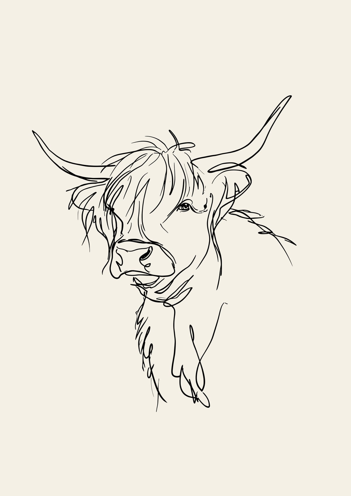 A loose line sketch of a Highland cow with its head turned three-quarters on, one eye visible through the fringe, in dark ink on a warm oatmeal ground