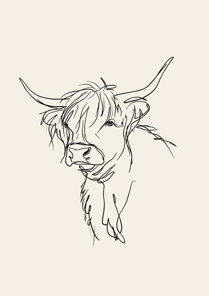 A loose line sketch of a Highland cow with its head turned three-quarters on, one eye visible through the fringe, in dark ink on a warm oatmeal ground