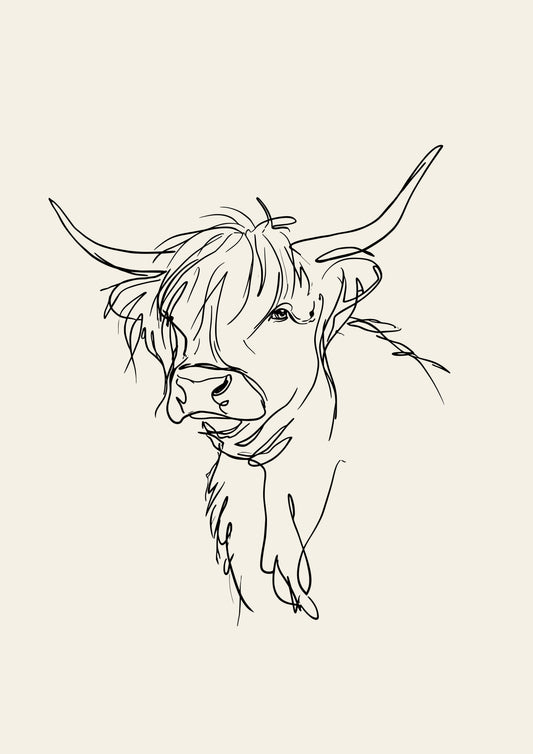 A loose line sketch of a Highland cow with its head turned three-quarters on, one eye visible through the fringe, in dark ink on a warm oatmeal ground