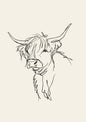 A loose line sketch of a Highland cow with its head turned three-quarters on, one eye visible through the fringe, in dark ink on a warm oatmeal ground