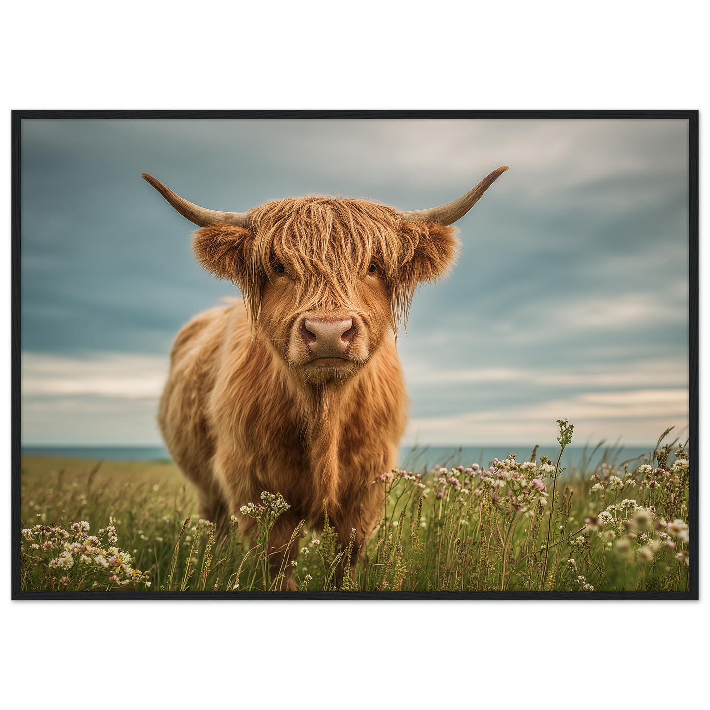 Highland cow on flowering machair, print in a black frame