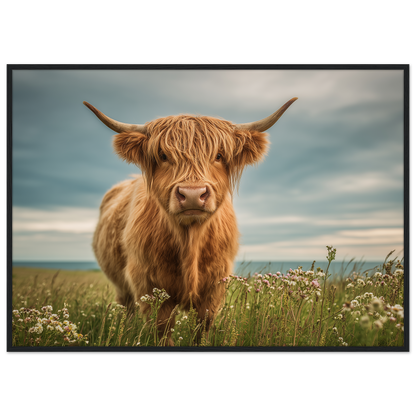 Highland cow on flowering machair, print in a black frame
