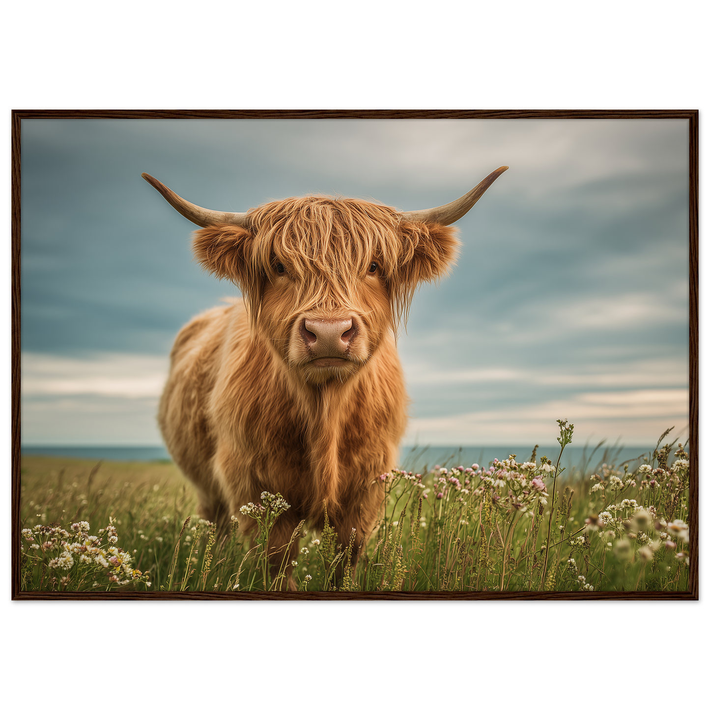 Highland cow on flowering machair, print in a dark brown wood frame