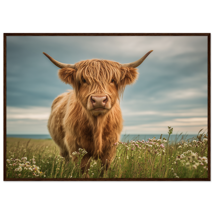 Highland cow on flowering machair, print in a dark brown wood frame