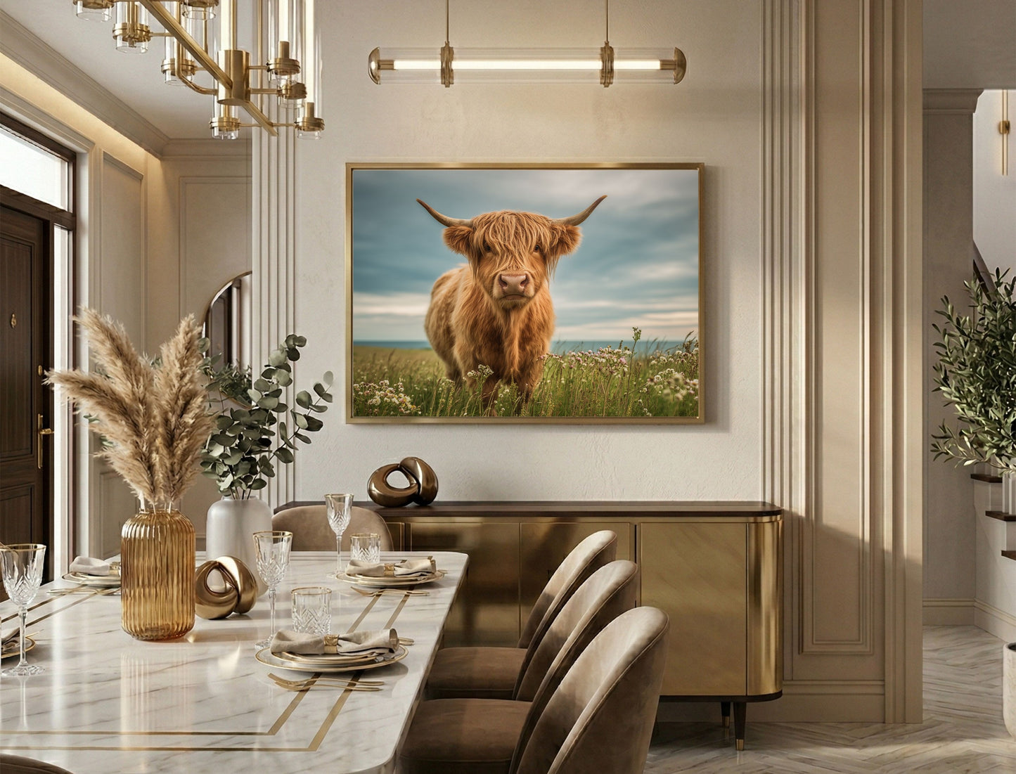 Highland cow on flowering machair, in a gold frame above a brass sideboard in an elegant dining room