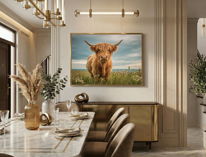 Highland cow on flowering machair, in a gold frame above a brass sideboard in an elegant dining room
